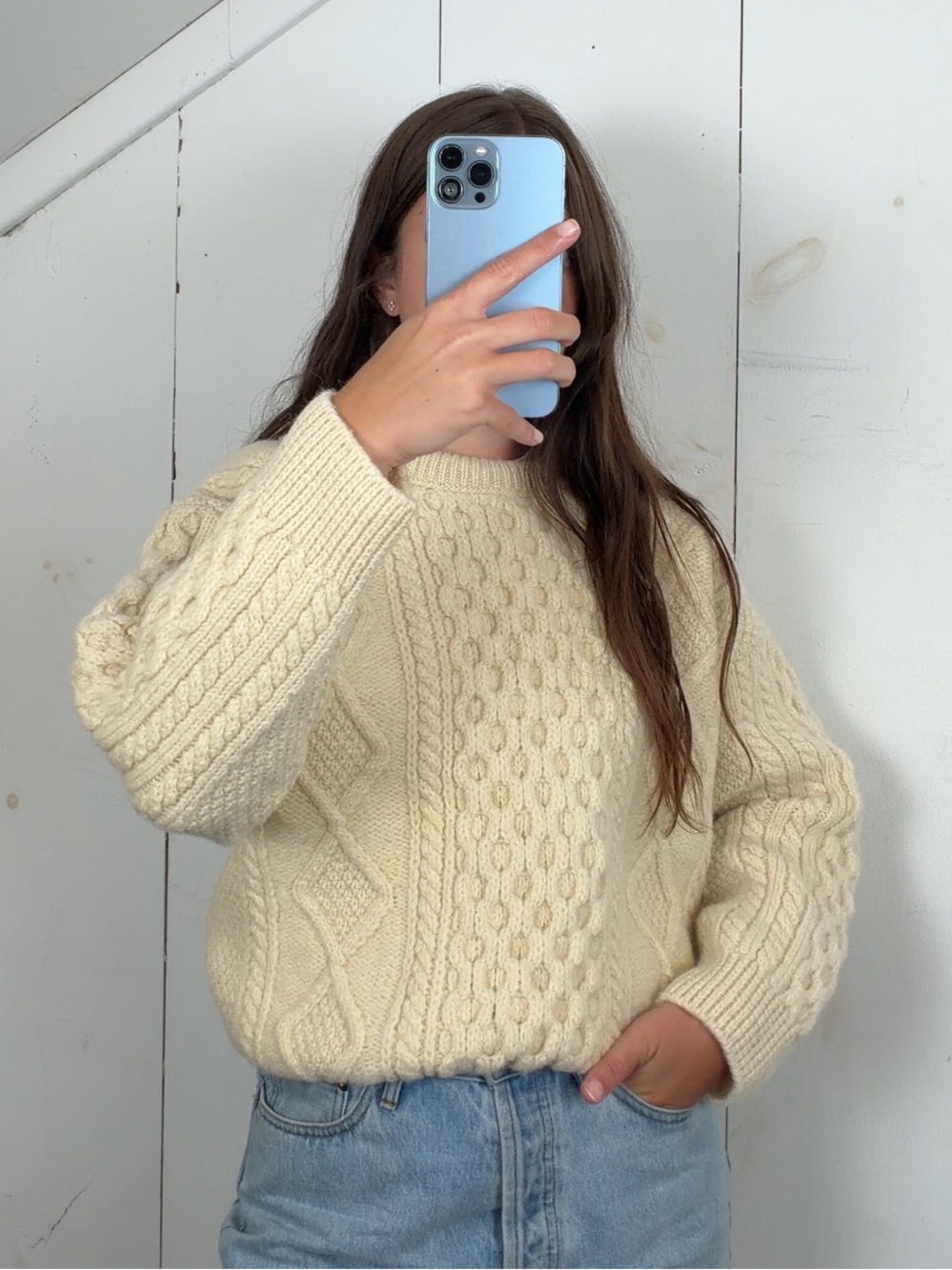 Vintage Ireland Cream Chunky Cableknit Fisherman Crewneck Sweater Women’s Large - Picture 3 of 7